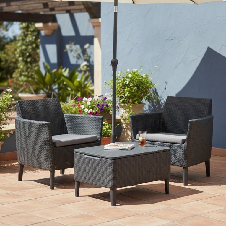 Set Salotto da Esterno Nero Antracite 2 Posti un Tavolino, Tavolo Tavolino Contenitore - Granbyy