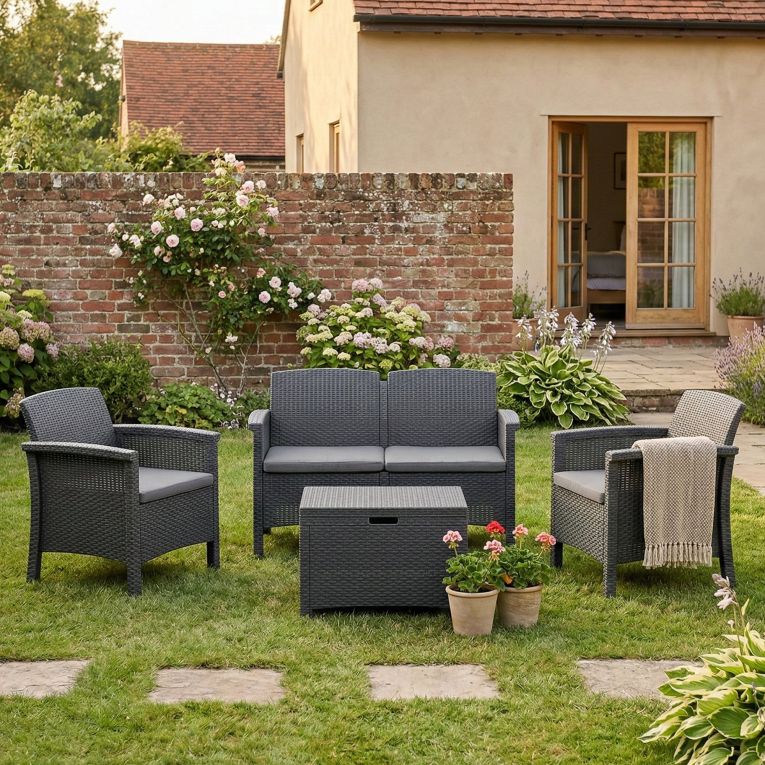 Set Salotto da Esterno Nero Antracite 2 Posti un Tavolino, Tavolo Tavolino Contenitore Made in Italy - Ranica