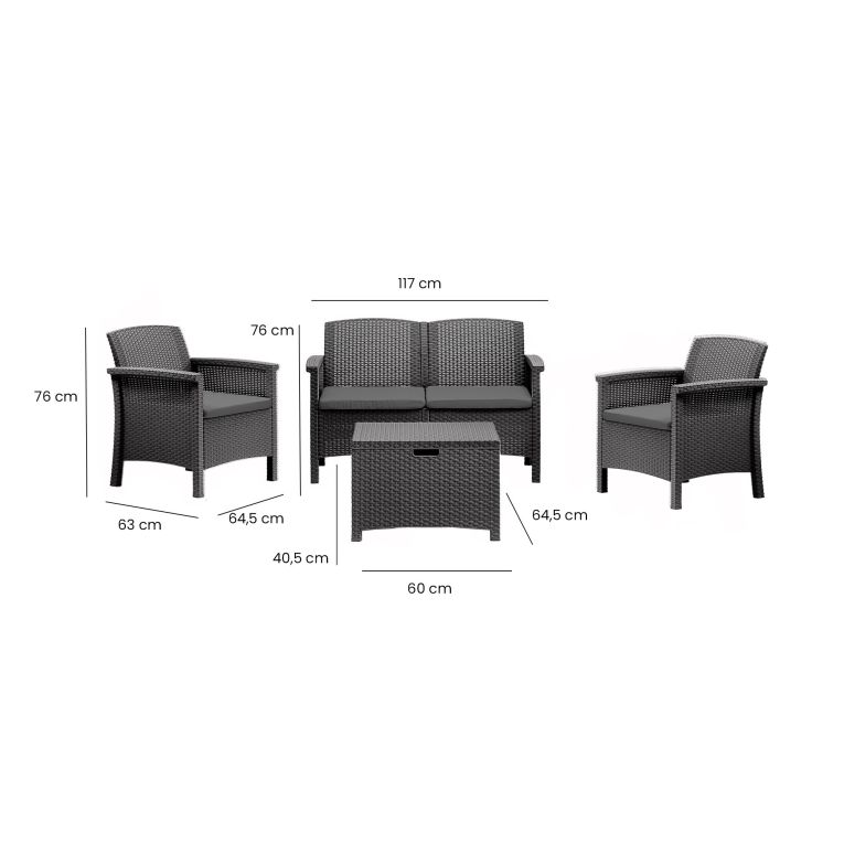 Set Salotto da Esterno Nero Antracite 2 Posti un Tavolino, Tavolo Tavolino Contenitore Made in Italy - Ranica
