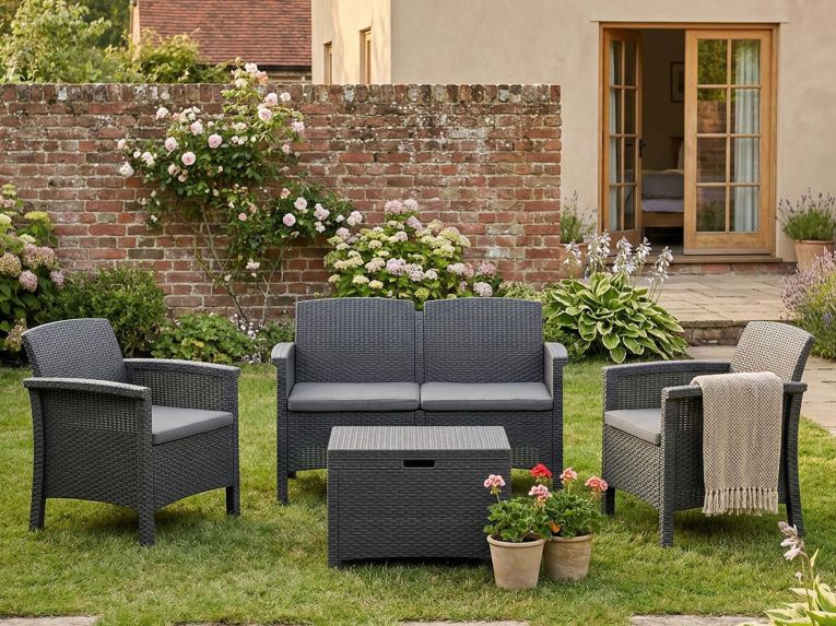 Set Salotto da Esterno Nero Antracite 2 Posti un Tavolino, Tavolo Tavolino Contenitore Made in Italy - Ranica