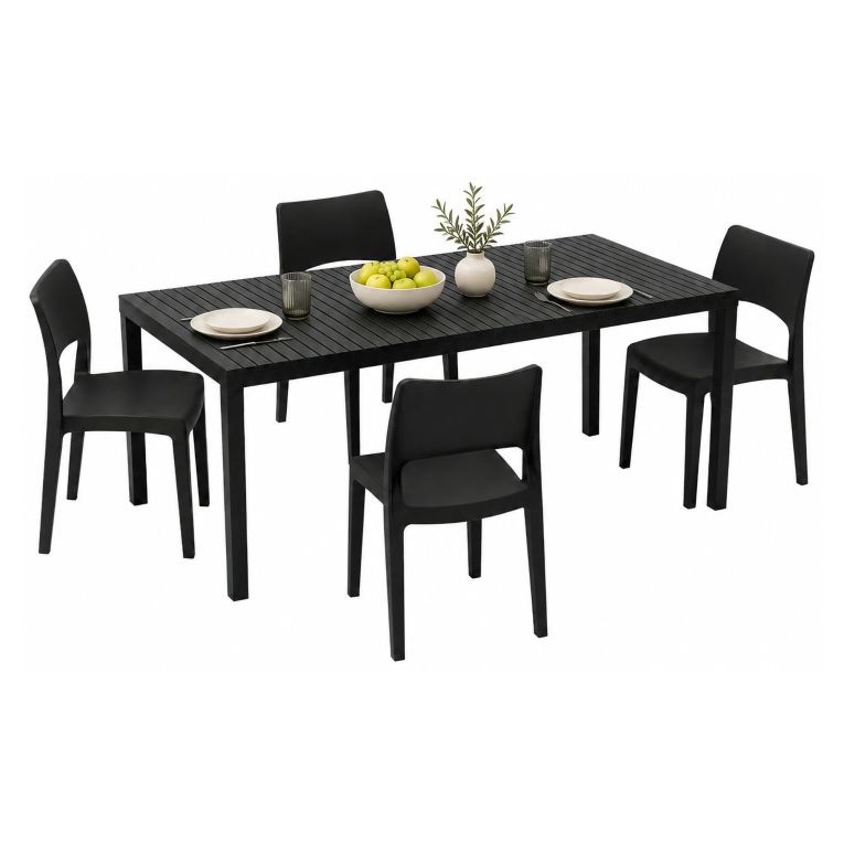Set Salotto da Esterno Nero Antracite 4 Posti Tavolo Tavolo Allungabile, Finitura Effetto Doghe Made in Italy - Masisa