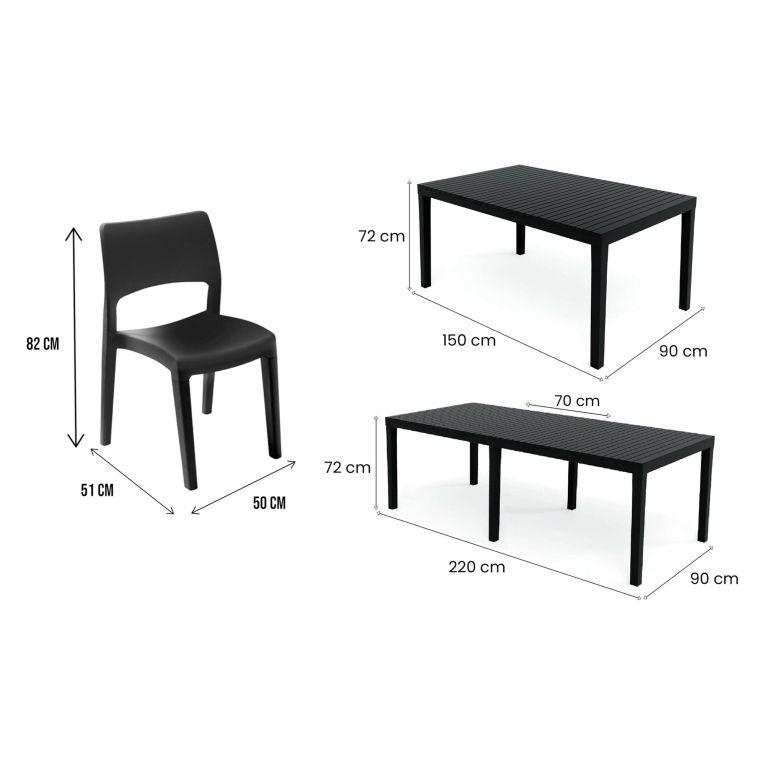Set Salotto da Esterno Nero Antracite 4 Posti Tavolo Tavolo Allungabile, Finitura Effetto Doghe Made in Italy - Masisa