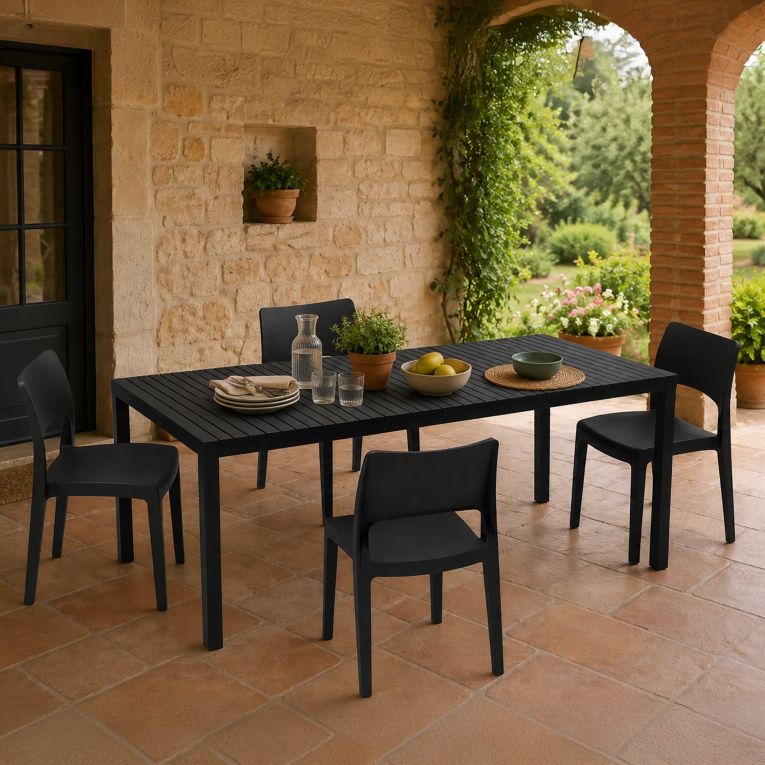 Set Salotto da Esterno Nero Antracite 4 Posti Tavolo Tavolo Allungabile, Finitura Effetto Doghe Made in Italy - Masisa