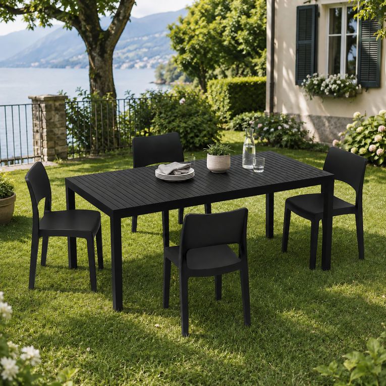 Set Salotto da Esterno Nero Antracite 4 Posti Tavolo Tavolo Allungabile, Finitura Effetto Doghe Made in Italy - Masisa