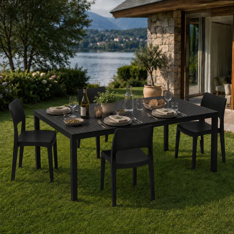 Set Salotto da Esterno Nero Antracite 4 Posti Tavolo Tavolo Allungabile, Finitura Effetto Doghe Made in Italy - Masisa
