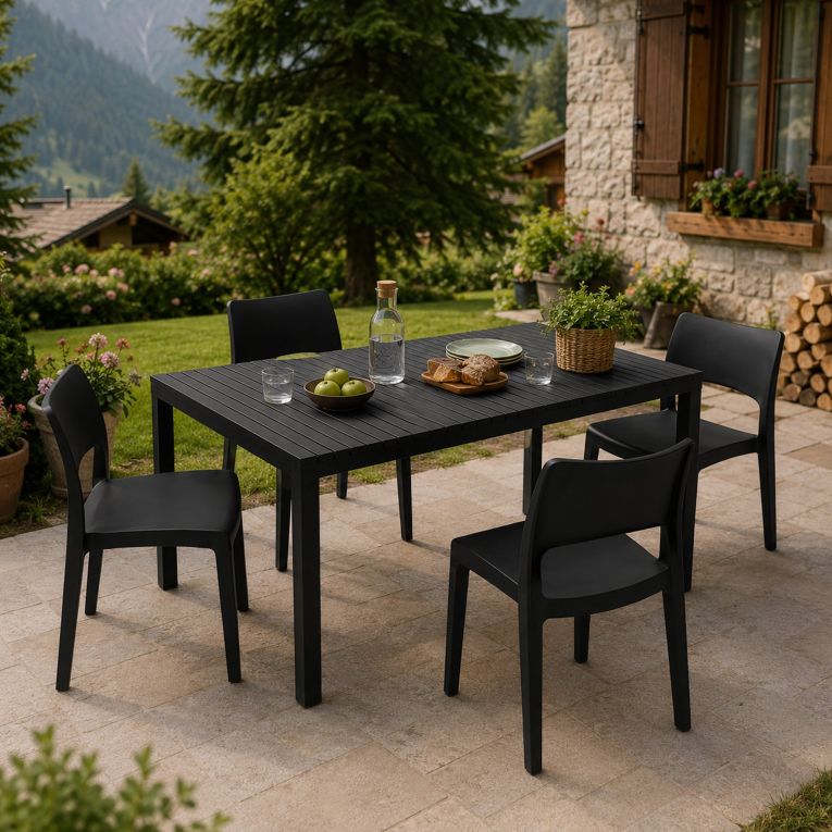 Set Salotto da Esterno Nero Antracite 4 Posti Tavolo Tavolo Allungabile, Finitura Effetto Doghe Made in Italy - Masisa