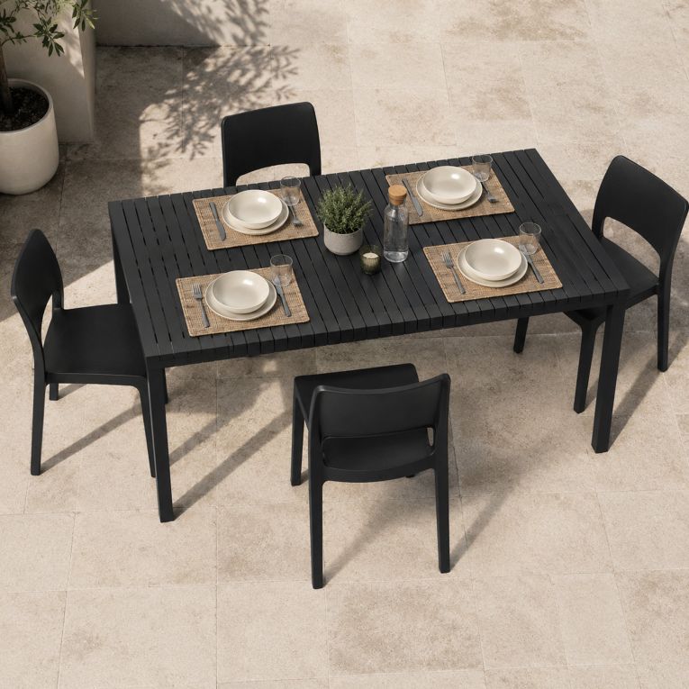 Set Salotto da Esterno Nero Antracite 4 Posti Tavolo Tavolo Allungabile, Finitura Effetto Doghe Made in Italy - Masisa