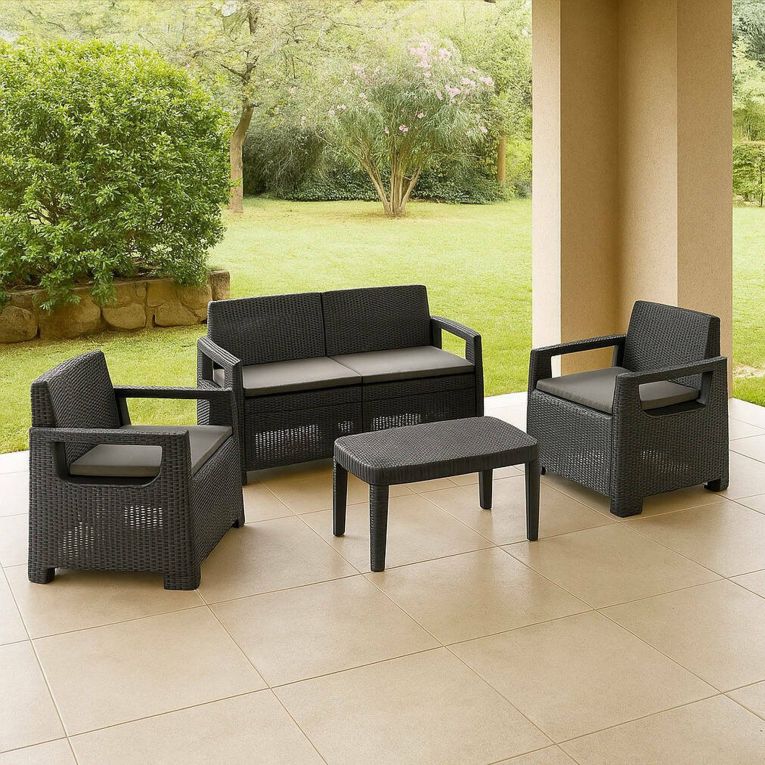 Set Salotto da Esterno Nero Antracite 4 Posti un Tavolino, Cuscini Inclusi - Covo