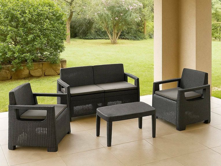 Set Salotto da Esterno Nero Antracite 4 Posti un Tavolino, Cuscini Inclusi - Covo