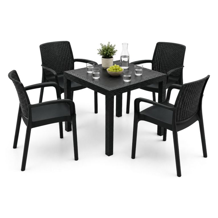 Set Salotto da Esterno Nero Antracite 4 Posti un Tavolino, Impermeabile Idrorepellente Made in Italy - Mataga