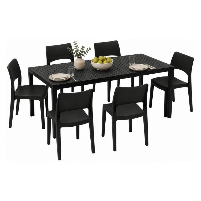Set Salotto da Esterno Nero Antracite 6 Posti Tavolo Tavolo Allungabile, Finitura Effetto Doghe Made in Italy - Maseta