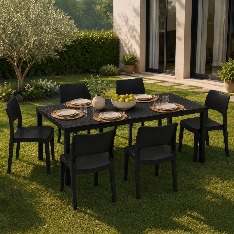 Set Salotto da Esterno Nero Antracite 6 Posti Tavolo Tavolo Allungabile, Finitura Effetto Doghe Made in Italy - Maseta