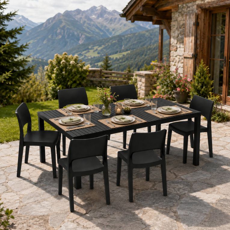 Set Salotto da Esterno Nero Antracite 6 Posti Tavolo Tavolo Allungabile, Finitura Effetto Doghe Made in Italy - Maseta