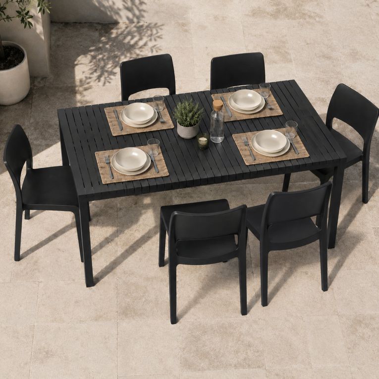 Set Salotto da Esterno Nero Antracite 6 Posti Tavolo Tavolo Allungabile, Finitura Effetto Doghe Made in Italy - Maseta