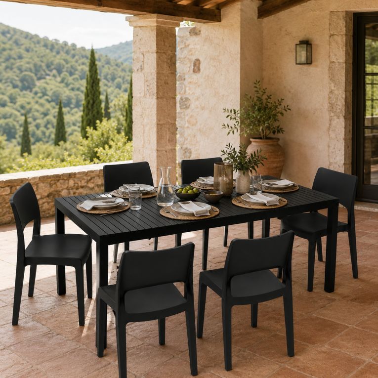 Set Salotto da Esterno Nero Antracite 6 Posti Tavolo Tavolo Allungabile, Finitura Effetto Doghe Made in Italy - Maseta