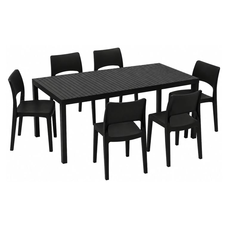 Set Salotto da Esterno Nero Antracite 6 Posti Tavolo Tavolo Allungabile, Finitura Effetto Doghe Made in Italy - Maseta