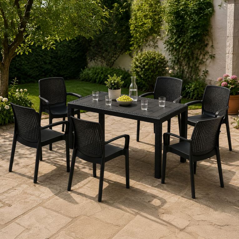 Set Salotto da Esterno Nero Antracite 6 Posti un Tavolino, Impermeabile Idrorepellente Made in Italy - Matarene