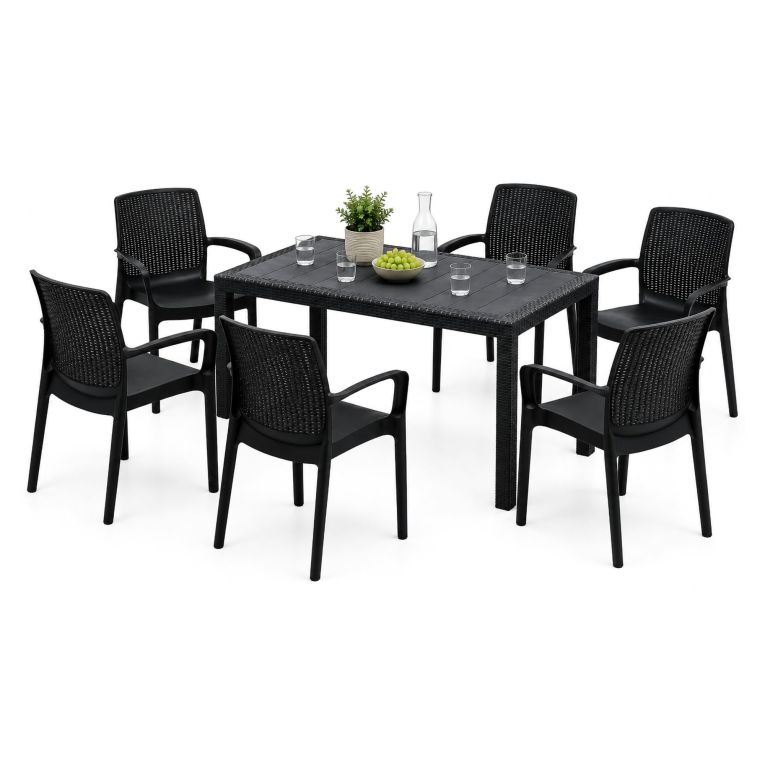 Set Salotto da Esterno Nero Antracite 6 Posti un Tavolino, Impermeabile Idrorepellente Made in Italy - Matarene