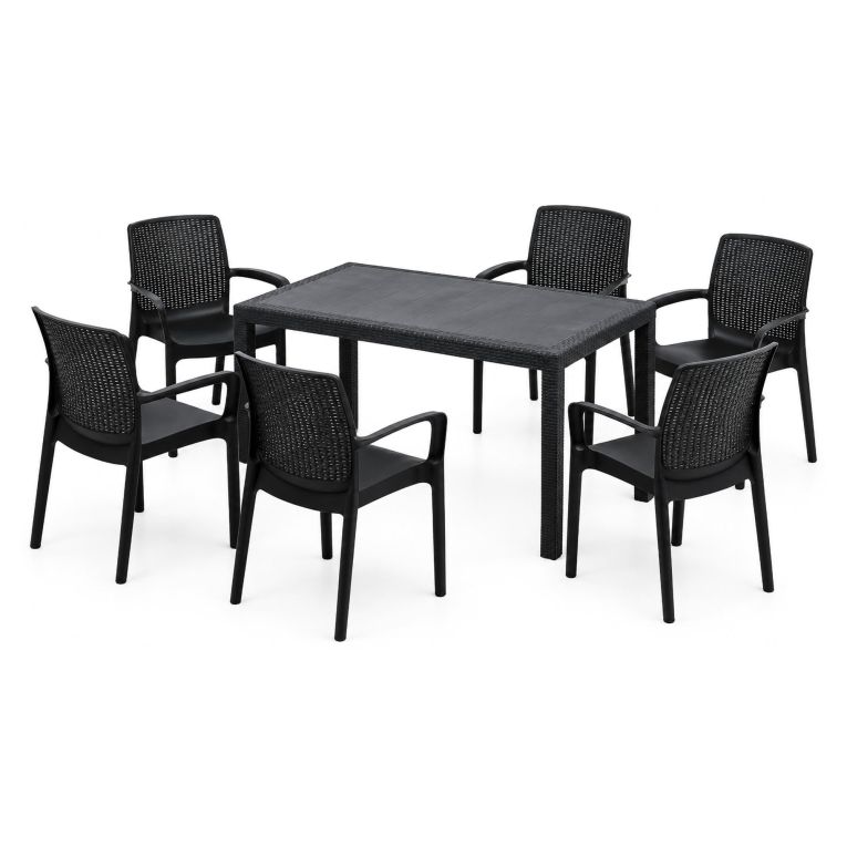 Set Salotto da Esterno Nero Antracite 6 Posti un Tavolino, Impermeabile Idrorepellente Made in Italy - Matarene