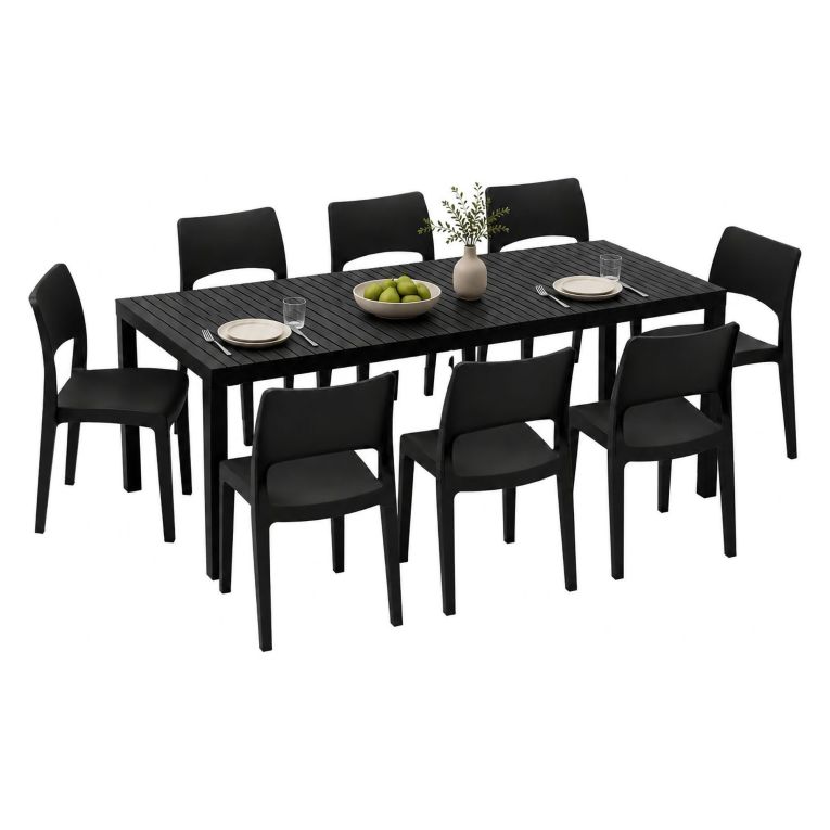 Set Salotto da Esterno Nero Antracite 8 Posti Tavolo Tavolo Allungabile, Finitura Effetto Doghe Made in Italy - Masiba
