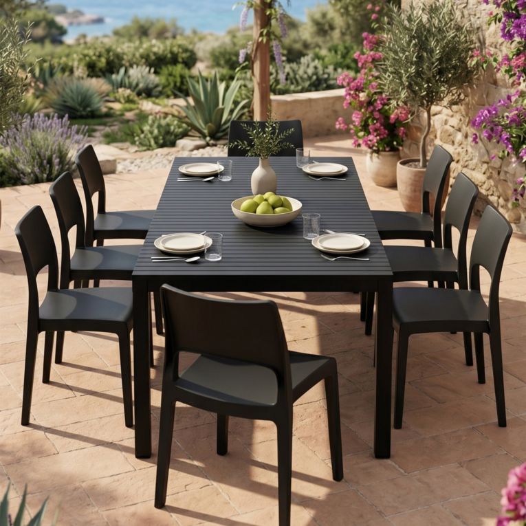 Set Salotto da Esterno Nero Antracite 8 Posti Tavolo Tavolo Allungabile, Finitura Effetto Doghe Made in Italy - Masiba