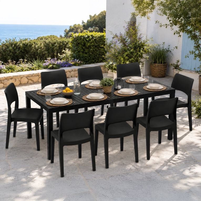 Set Salotto da Esterno Nero Antracite 8 Posti Tavolo Tavolo Allungabile, Finitura Effetto Doghe Made in Italy - Masiba