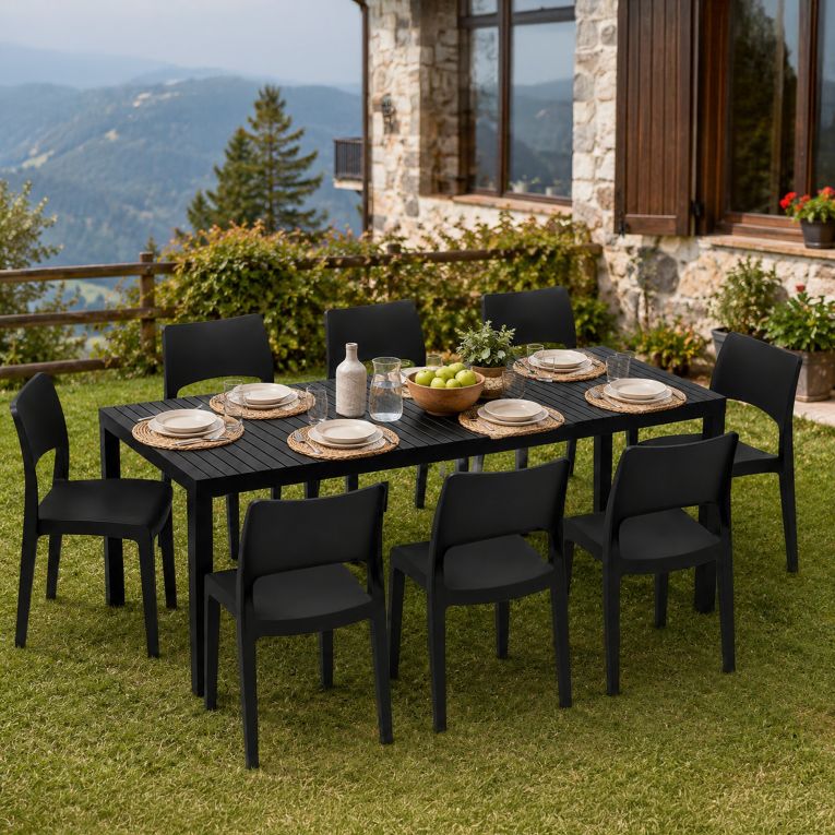 Set Salotto da Esterno Nero Antracite 8 Posti Tavolo Tavolo Allungabile, Finitura Effetto Doghe Made in Italy - Masiba