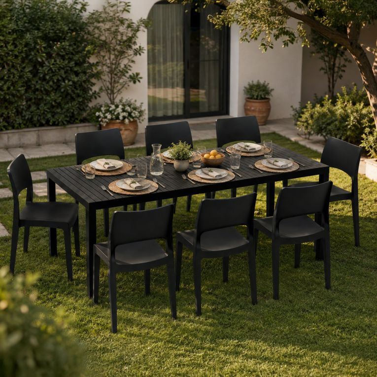 Set Salotto da Esterno Nero Antracite 8 Posti Tavolo Tavolo Allungabile, Finitura Effetto Doghe Made in Italy - Masiba