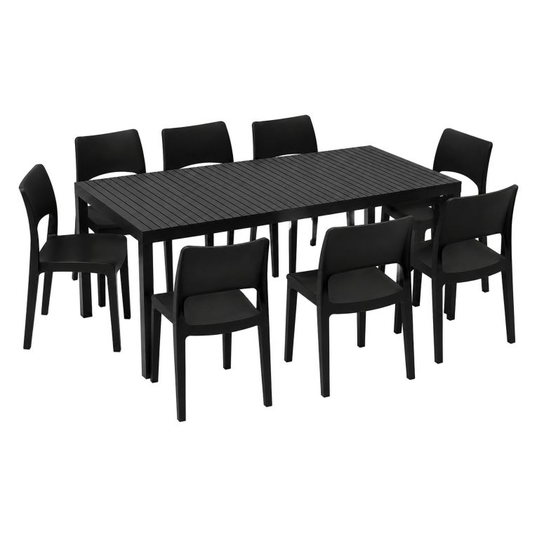 Set Salotto da Esterno Nero Antracite 8 Posti Tavolo Tavolo Allungabile, Finitura Effetto Doghe Made in Italy - Masiba