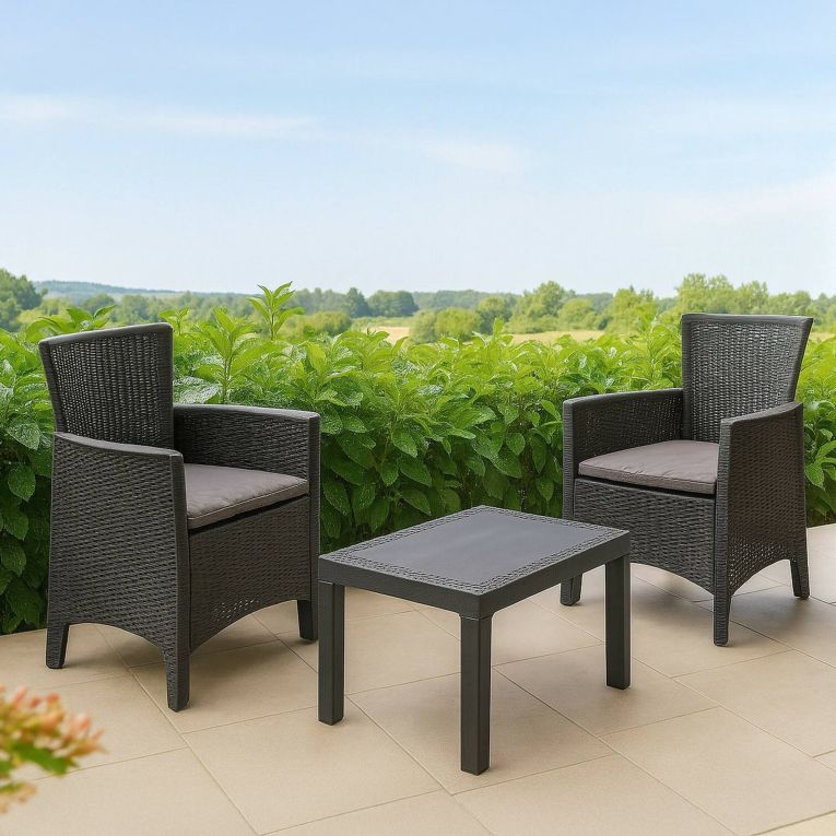 Set Salotto da Esterno Nero Antracite Grigio 2 Posti un Tavolino, Cuscini Inclusi - Macheri