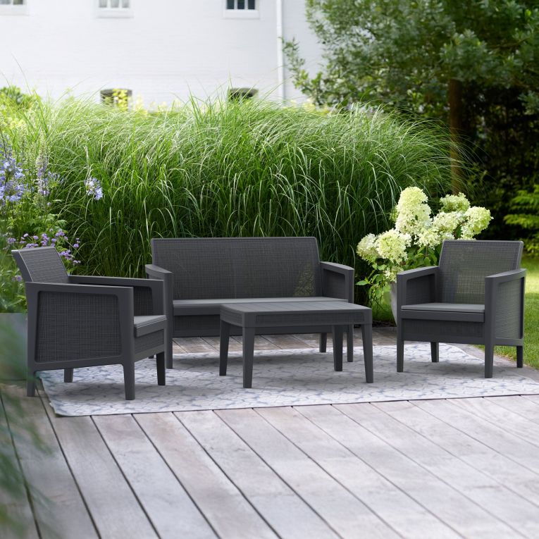 Set Salotto da Esterno Nero Antracite Grigio 4 Posti un Tavolino, Resistenti ai Raggi uv - Geneva