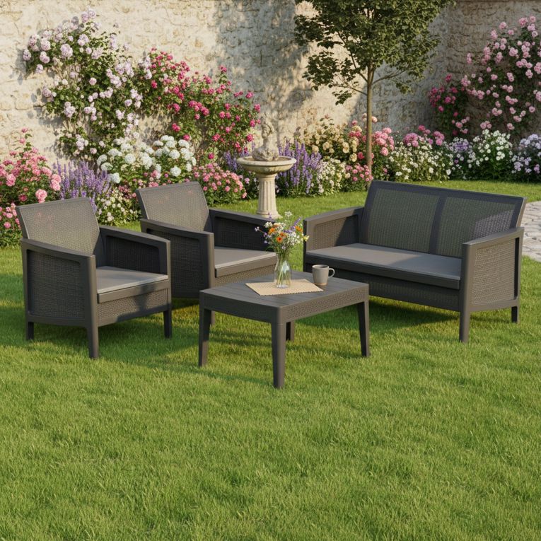Set Salotto da Esterno Nero Antracite Grigio 4 Posti un Tavolino, Resistenti ai Raggi uv - Geneva
