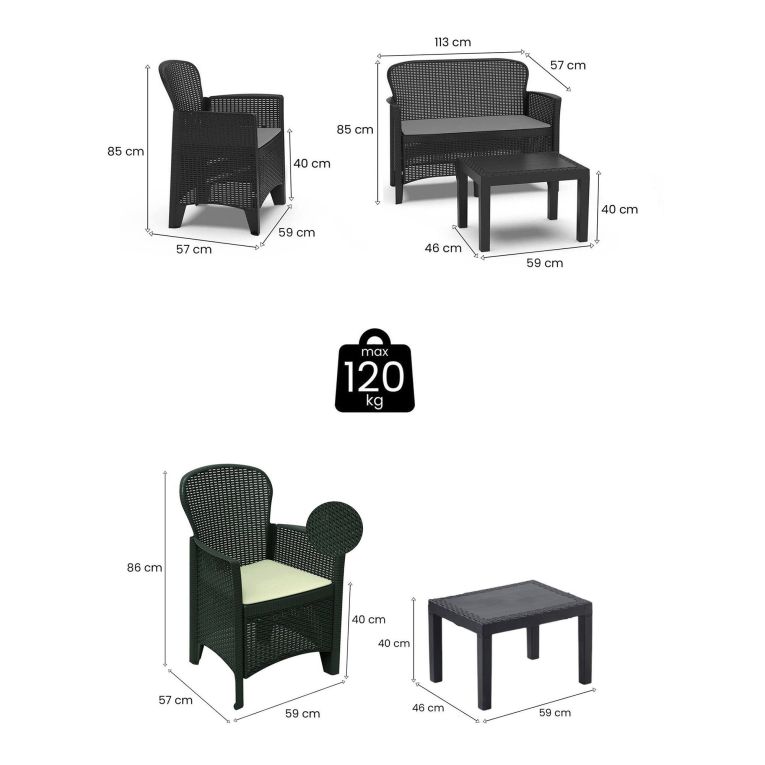 Set Salotto da Esterno Nero Antracite Nero Antracite 6 Posti 2 Tavolini, Impermeabile Idrorepellente Made in Italy - Curno