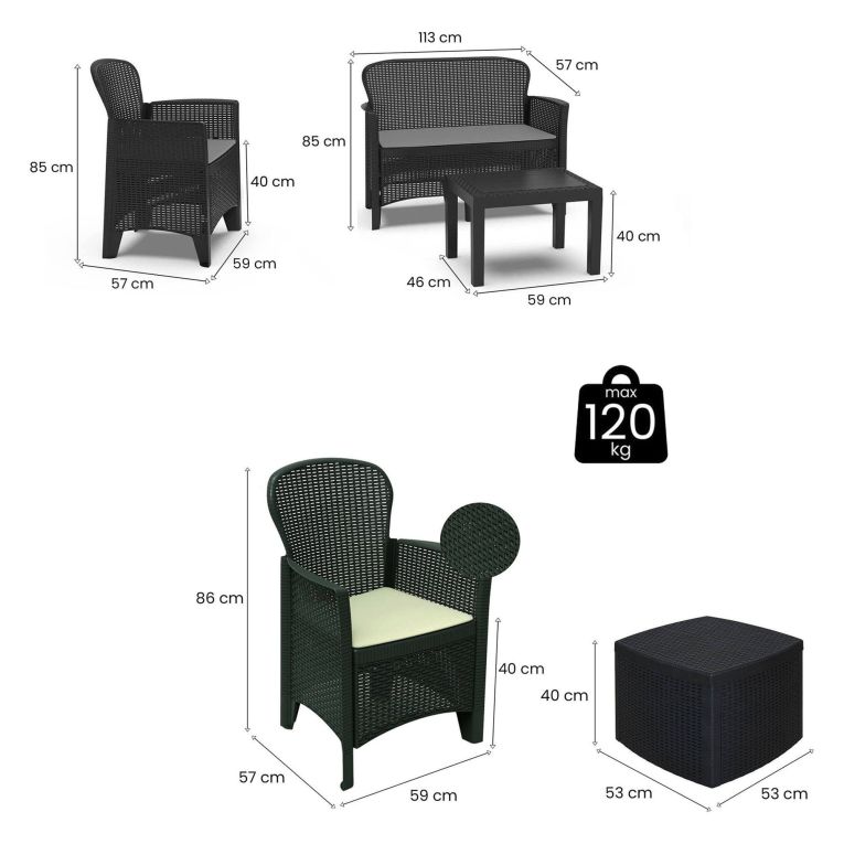 Set Salotto da Esterno Nero Antracite Nero Antracite 6 Posti 2 Tavolini, Impermeabile Idrorepellente Made in Italy - Dervio