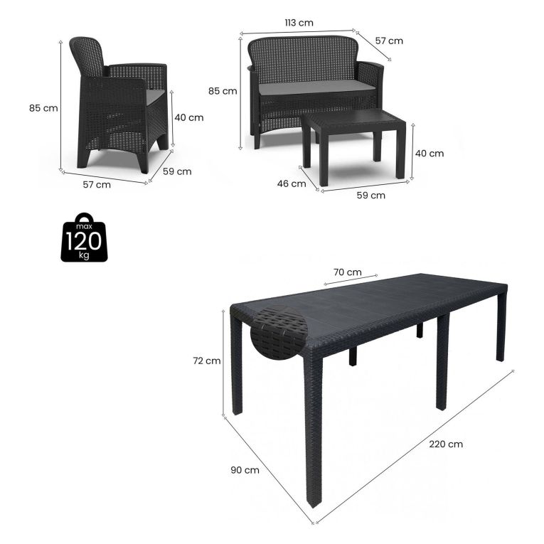 Set Salotto da Esterno Nero Antracite Nero Antracite Salottino 4 Posti, Tavolo 10 Posti Posti un Tavolino, Impermeabile Idrorepellente Made in Italy