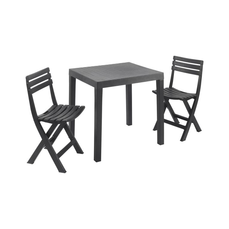 Set salotto da esterno Ortisei, Set da giardino con 1 tavolo rettangolare e 2 sedie pieghevoli, Set indoor e outdoor da Pic Nic, 100% Made in Italy, Antracite