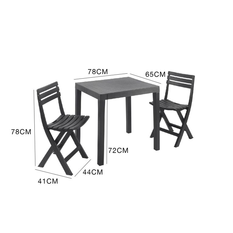 Set salotto da esterno Ortisei, Set da giardino con 1 tavolo rettangolare e 2 sedie pieghevoli, Set indoor e outdoor da Pic Nic, 100% Made in Italy, Antracite