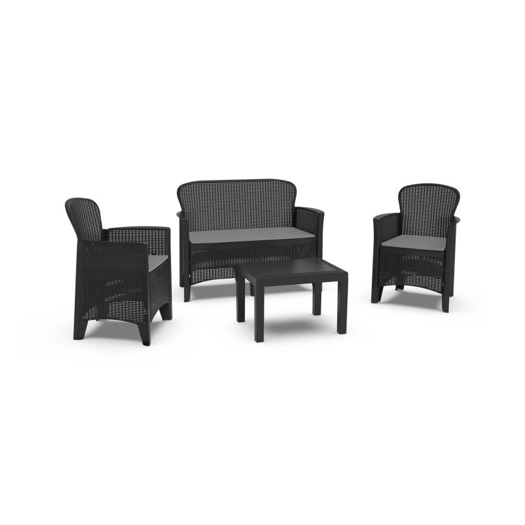 Set salotto da esterno Ostuni, Set da giardino con 2 poltrone, 1 divano ed 1 tavolino, Salottino effetto rattan con cuscini, 100% Made in Italy, Antracite