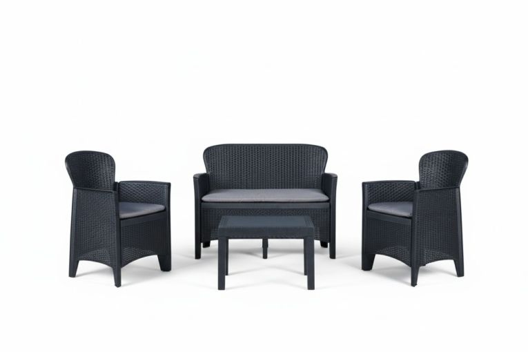 Set salotto da esterno Ostuni, Set da giardino con 2 poltrone, 1 divano ed 1 tavolino, Salottino effetto rattan con cuscini, 100% Made in Italy, Antracite