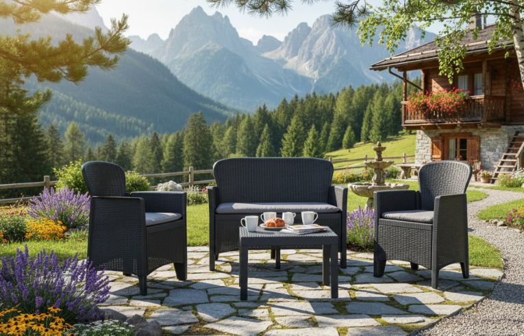 Set salotto da esterno Ostuni, Set da giardino con 2 poltrone, 1 divano ed 1 tavolino, Salottino effetto rattan con cuscini, 100% Made in Italy, Antracite