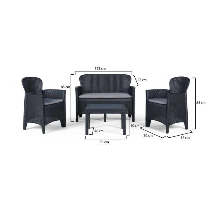 Set salotto da esterno Ostuni, Set da giardino con 2 poltrone, 1 divano ed 1 tavolino, Salottino effetto rattan con cuscini, 100% Made in Italy, Antracite
