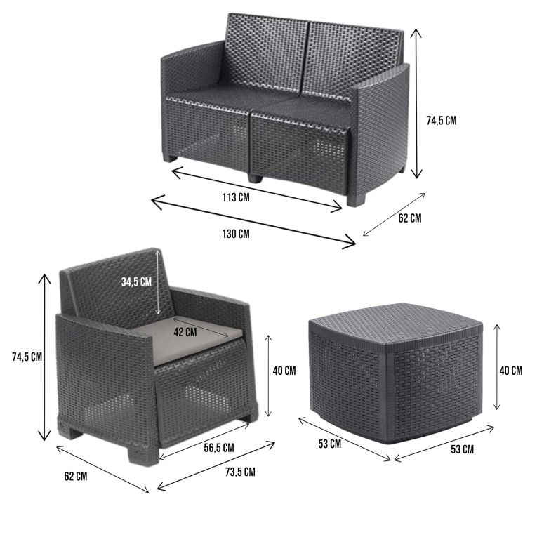 Set salotto da esterno Peschici, Set da giardino con 2 poltrone, 1 divano e 1 tavolino contenitore, Effetto rattan con cuscini, 100% Made in Italy, Antracite