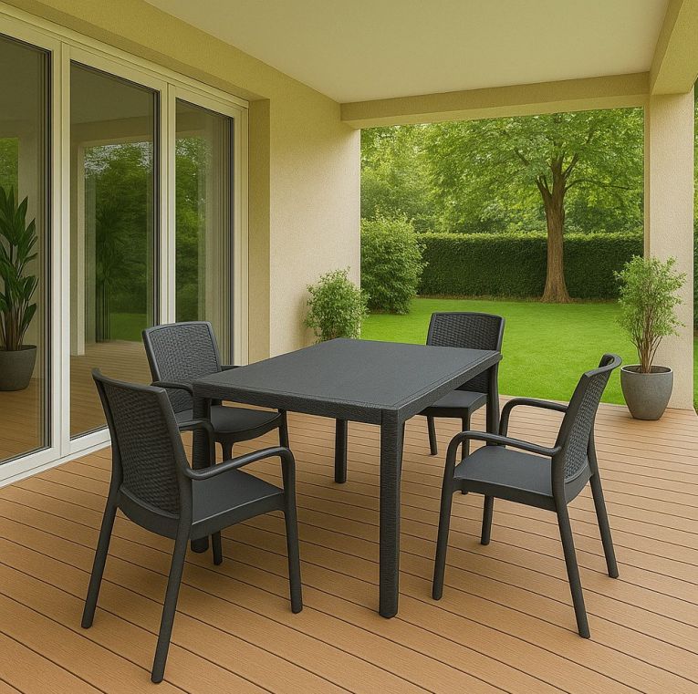 Set salotto da esterno Roccaraso, Salottino outdoor e indoor, Tavolo rettangolare fisso con 4 sedie impilabili, Made in Italy, Antracite