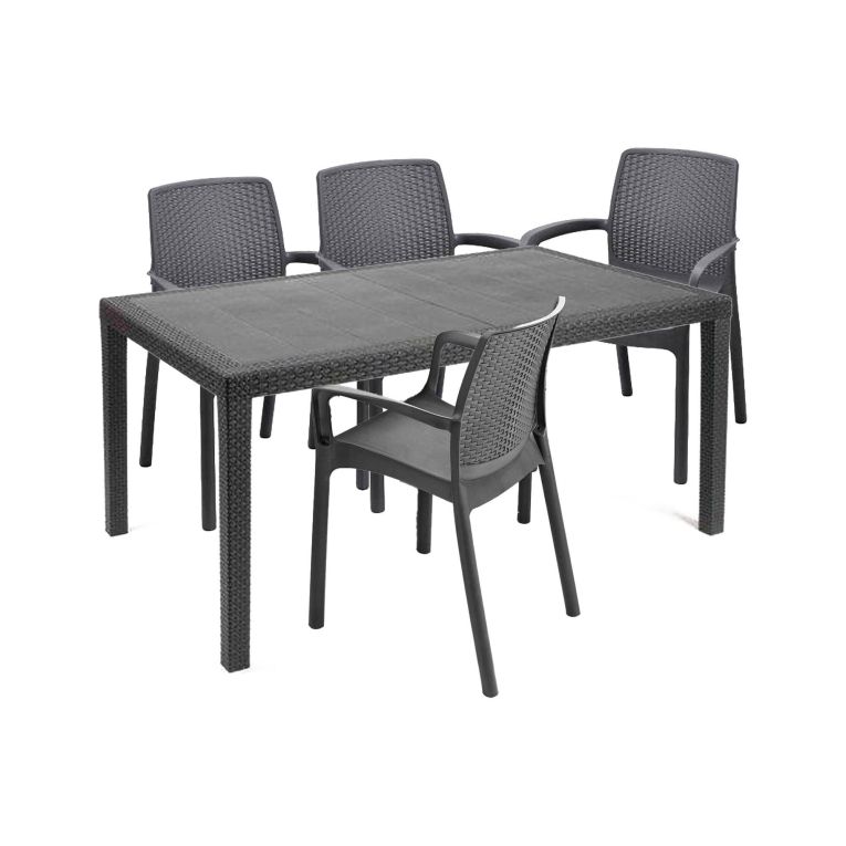Set salotto da esterno Roccaraso, Salottino outdoor e indoor, Tavolo rettangolare fisso con 4 sedie impilabili, Made in Italy, Antracite