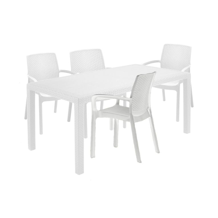Set salotto da esterno Roccaraso, Salottino outdoor e indoor, Tavolo rettangolare fisso con 4 sedie impilabili, Made in Italy, Bianco