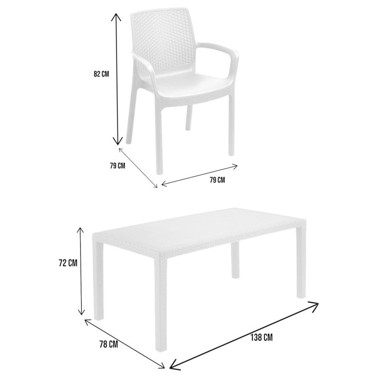 Set salotto da esterno Roccaraso, Salottino outdoor e indoor, Tavolo rettangolare fisso con 4 sedie impilabili, Made in Italy, Bianco