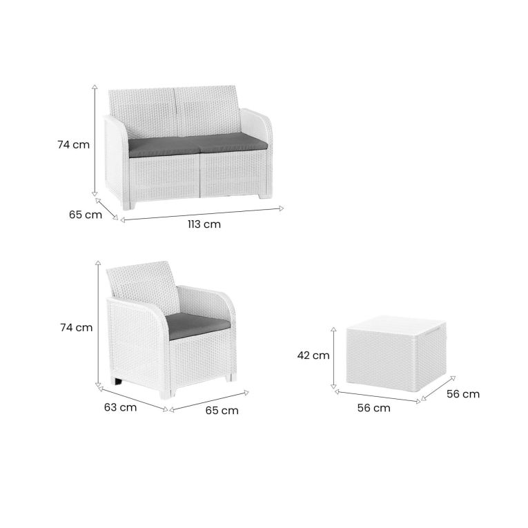 Set salotto da esterno Sgonico, Salottino outdoor, Set da balcone o giardino, Composizione soggiorno per esterni, 113x65 h74 cm, Bianco