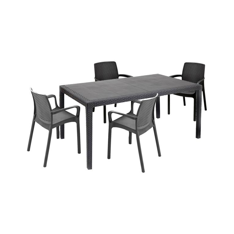 Set salotto da esterno Tarquinia, Salottino outdoor e indoor, Tavolo rettangolare fisso con 4 sedie impilabili, Made in Italy, Antracite