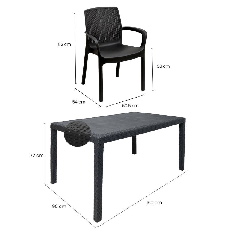 Set salotto da esterno Tarquinia, Salottino outdoor e indoor, Tavolo rettangolare fisso con 4 sedie impilabili, Made in Italy, Antracite