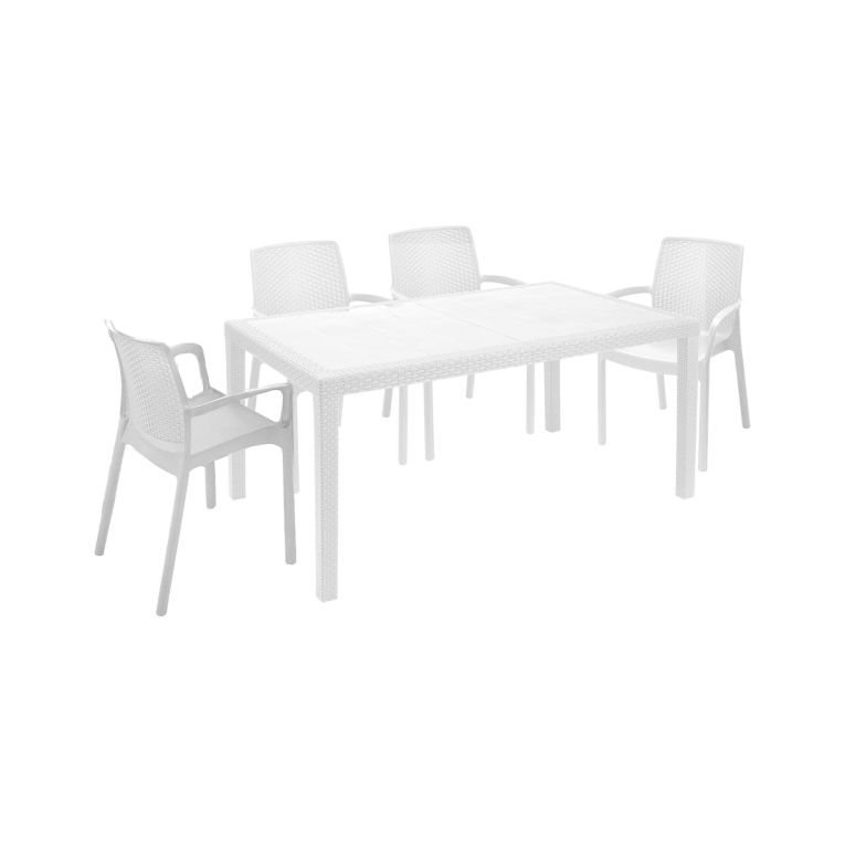 Set salotto da esterno Tarquinia, Salottino outdoor e indoor, Tavolo rettangolare fisso con 4 sedie impilabili, Made in Italy, Bianco
